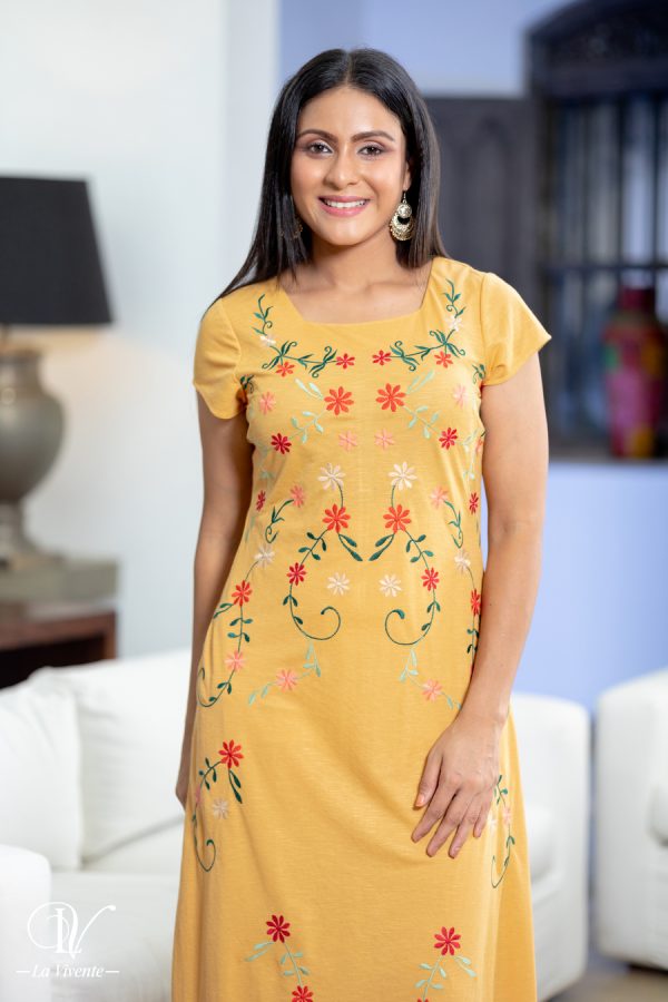 Square Necked Floral Embroidery Maxi Dress - Image 4