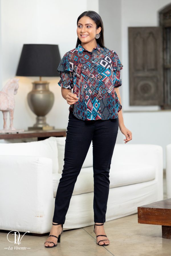 Geometric Printed Layered Sleeve Top - Image 4