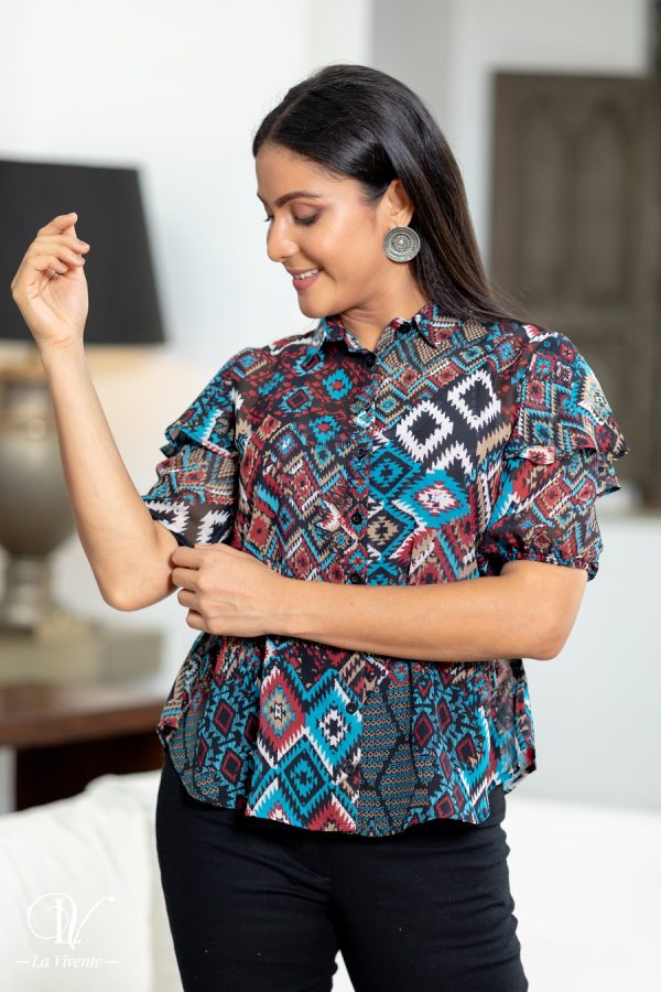 Geometric Printed Layered Sleeve Top - Image 3