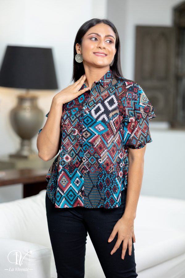 Geometric Printed Layered Sleeve Top - Image 2