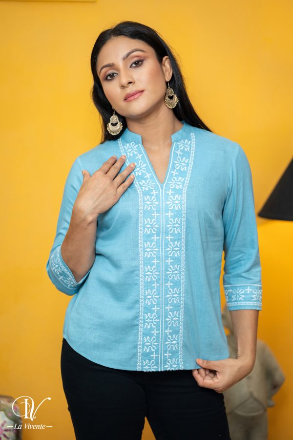 Embroidered Chinese Collar Top - Image 2