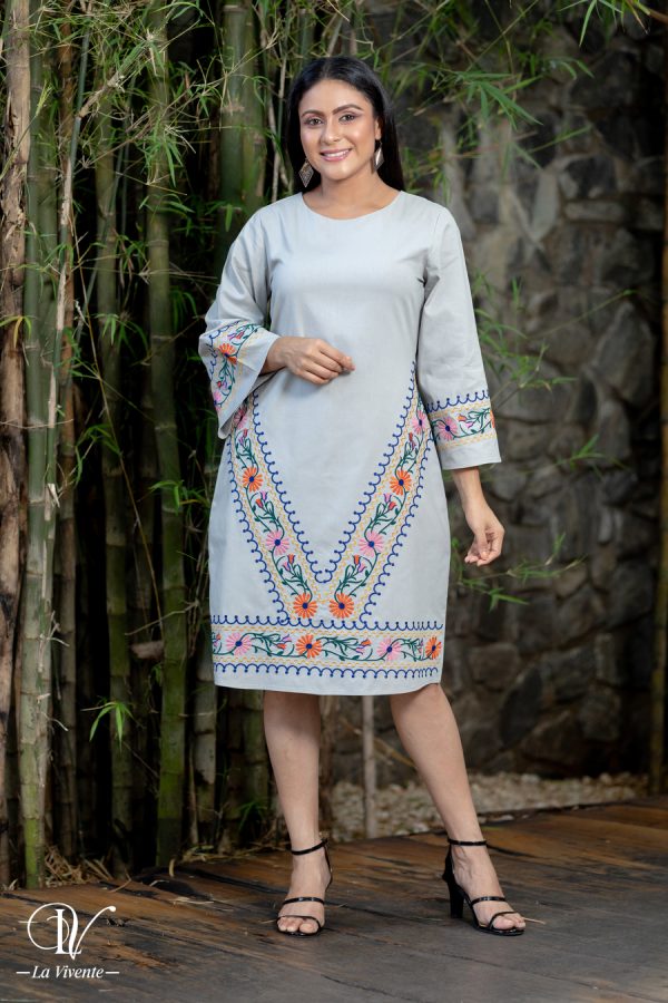Floral Embroidered Bell Sleeved Short Dress - Image 3