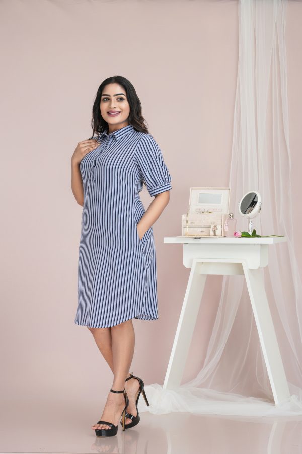 Striped Shirt Collared Short Dress - Image 2