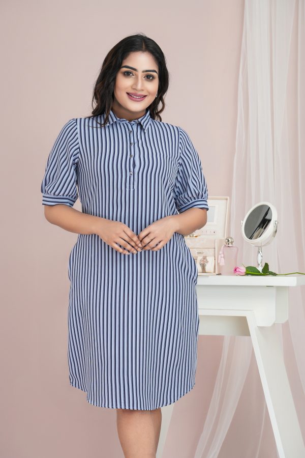 Striped Shirt Collared Short Dress - Image 4