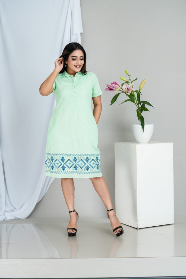Geometric Embroidered Shirt Collared Short Dress - Image 2