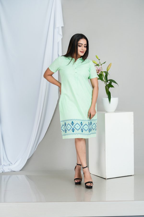 Geometric Embroidered Shirt Collared Short Dress - Image 3