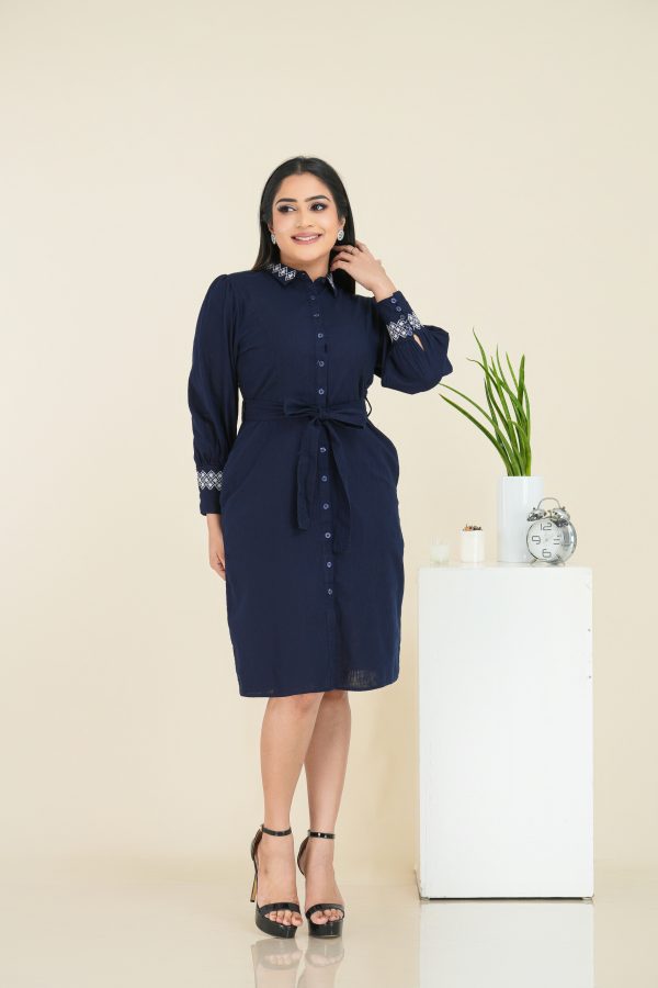 Geometric Cuff & Collar Embroidered Button Up Shirt Dress - Image 2