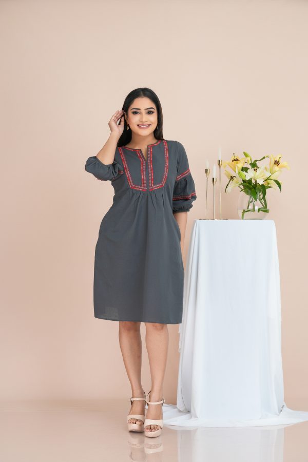 Geometric Embroidered Notch Necked Short Dress - Image 4