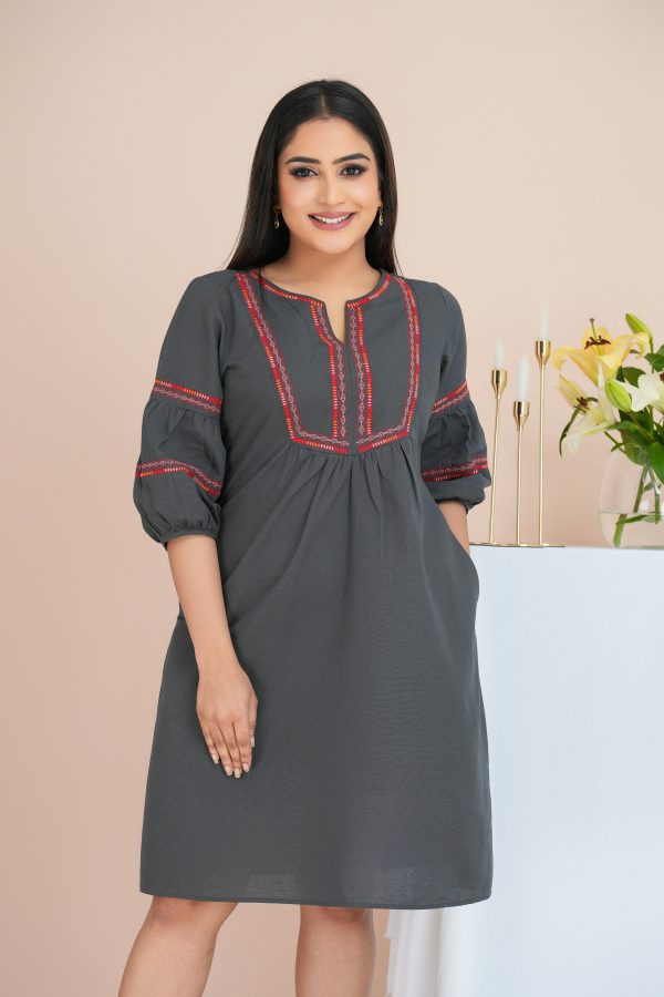 Geometric Embroidered Notch Necked Short Dress - Image 3