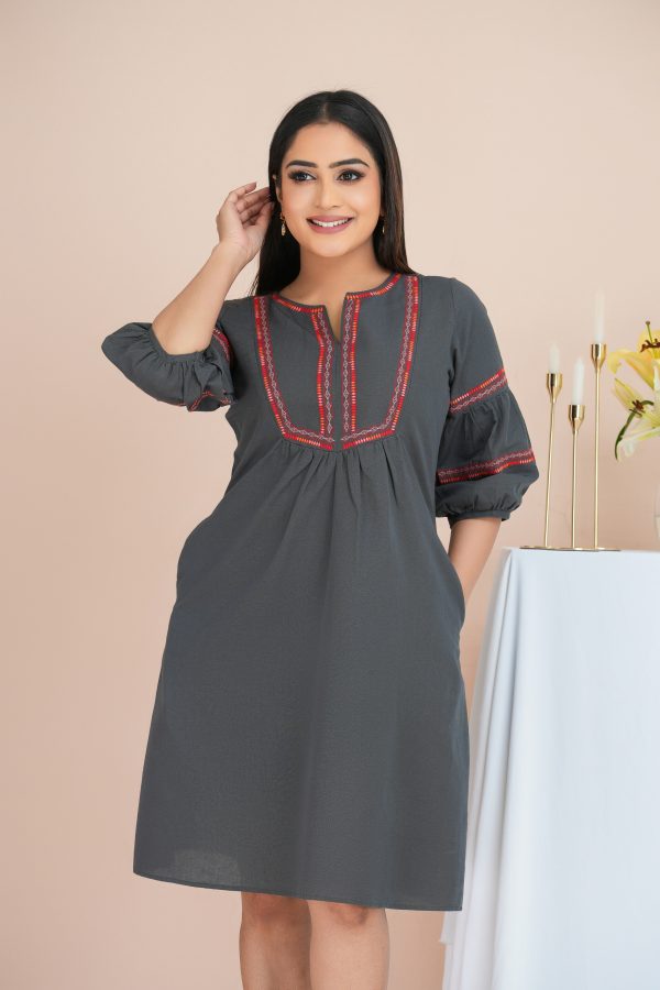 Geometric Embroidered Notch Necked Short Dress - Image 2
