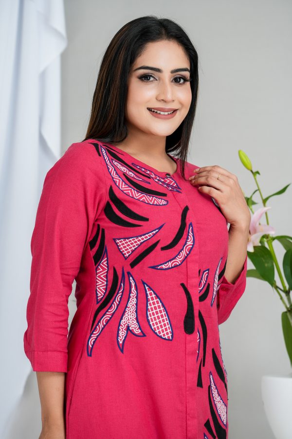 Abstract Appliqued Button Up Short Dress