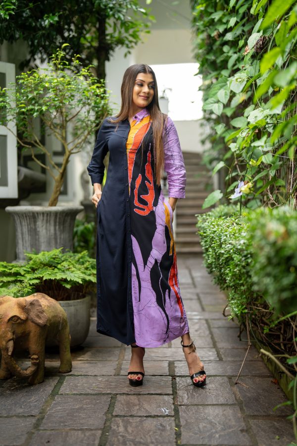 Abstract Two-Tone Button Up Batik Maxi Dress