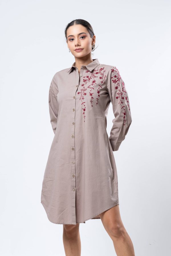 Floral Embroidered Button Up Shirt Dress